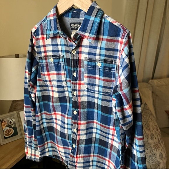 Oshkosh Boy’s Blue/white/red Plaid Longsleeve Button Up Size 12 - Picture 2 of 11